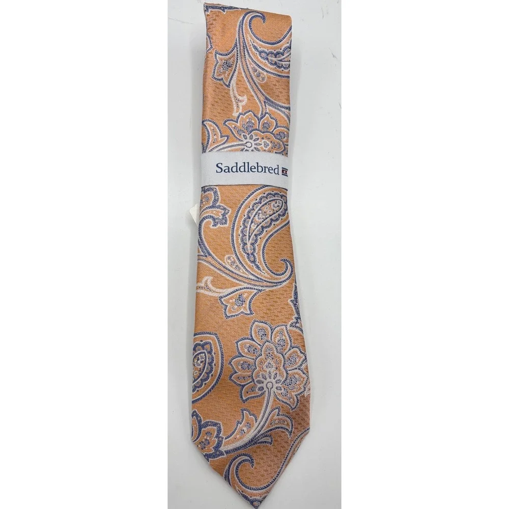Saddlebred Men's Silk Tie Orange Blue Paisley Handcrafted NWT $45 Retail